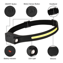 Load image into Gallery viewer, Headlamp Flashlight, Rechargeable LED Headlamps 1200Lumens 2 COB 230°Wide Beam Headlight with Motion Sensor Bright 5 Modes Lightweight Waterproof Head Lamp for Outdoor Running, Camping Hiking