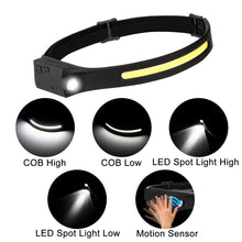 Load image into Gallery viewer, Headlamp Flashlight, Rechargeable LED Headlamps 1200Lumens 2 COB 230°Wide Beam Headlight with Motion Sensor Bright 5 Modes Lightweight Waterproof Head Lamp for Outdoor Running, Camping Hiking
